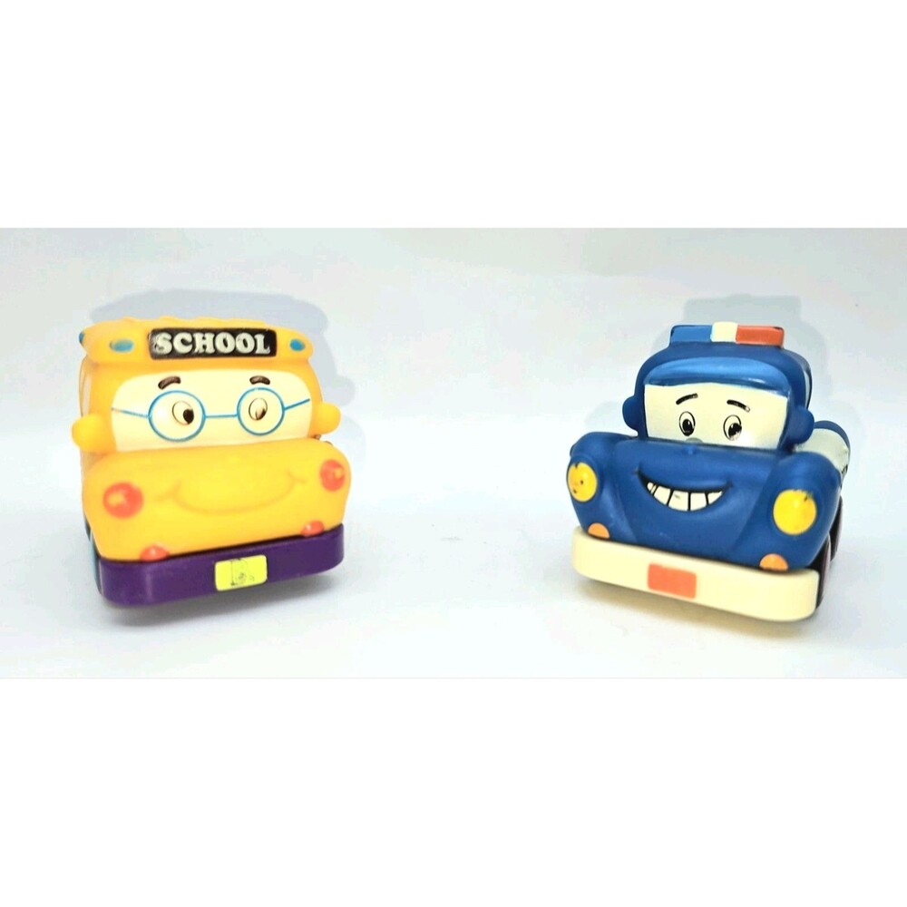 Lot of 2 - B. Toys Mini Pull Back Toddler Cars; School Bus, Police Car
